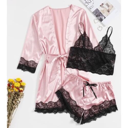 Sexy Satin Sleepwear Lingerie Women Silk Lace Robe Dress Babydoll Pajamas Set Silk Robe Femme Lingerie Женская ночная рубашка