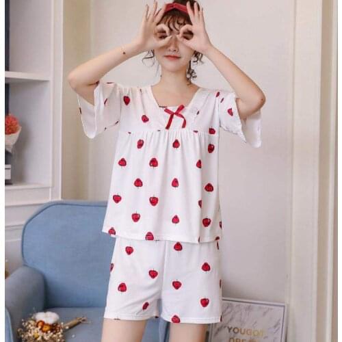 Pajamas Sets Women Trim Bow Ruffled-Sleeve Loose Sleepwear Sweet Princess Printed Home Wear Girls Soft Comfortable Skin-friendly