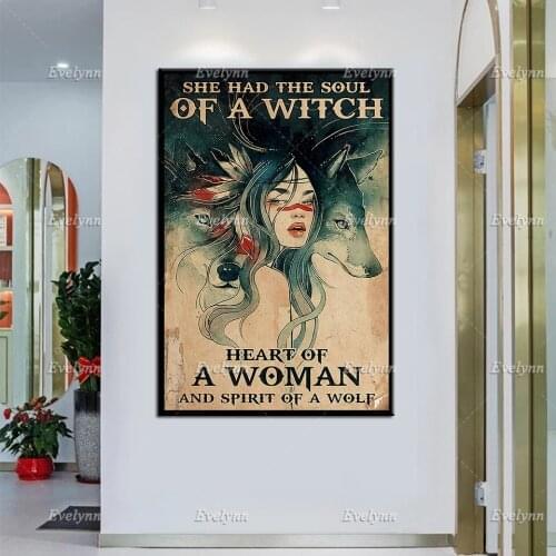 Witch Poster - She Had The Soul Of A Witch Heart Of A Woman And Spirit Of A Wolf, Witchy Magic Art Print, Wolf Wall Art Decor