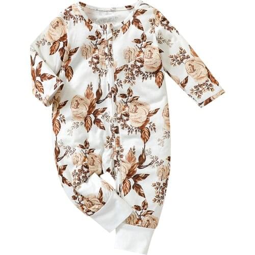 Infant Baby Girl’s Casual Long Sleeve Jumpsuit Fashion Flower Printing Zipper Open Long Romper