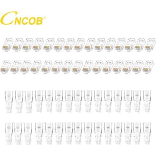 30pcs CAT6 CAT5E RJ45 Connectors Network Cable Modular 8P8C Plugs Pass Through Ends+ 30pcs CAT5 CAT7 CAT8 RJ-45 Caps Boots