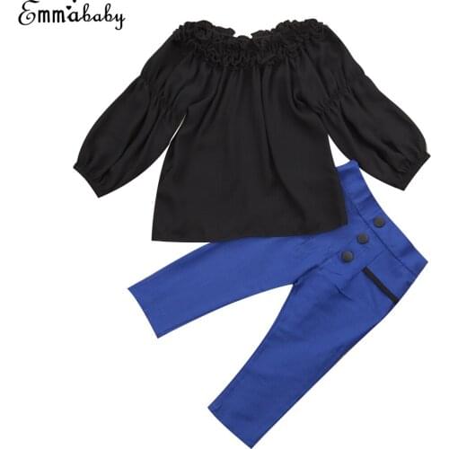 2Pcs Summer Fashion Toddler Baby Girl Off Shoulder Puff Sleeve Shirt Tops Sets Long Pants Stylish Girls Clothes Sets