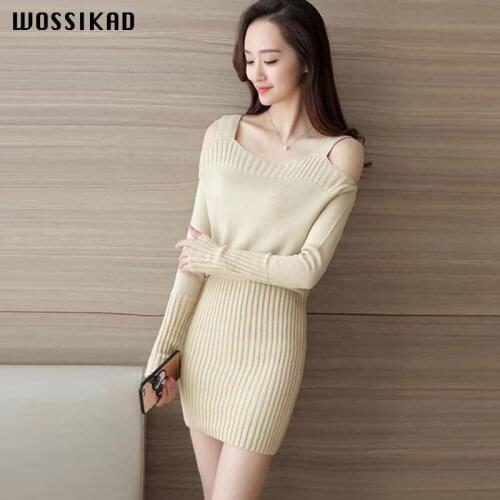 Sexy Dress Strapless Waist Knitting Sweater Pullover Dresses Woman Party Night Bodycon Autumn Lolita Self-cultivation Hip Dress