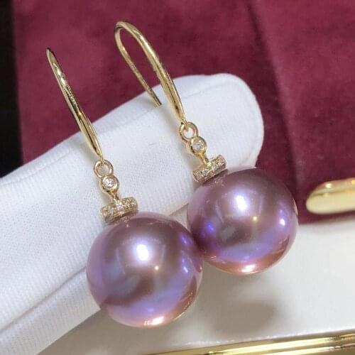 D307 Fine Jewelry Pure 18 K Gold Diamonds 10-11mm Natural Fresh Water Purple Pearls Earrings for Women Fine Pearl Earrings