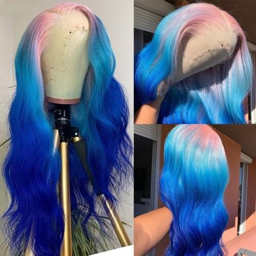 Ombre Blue Green Colored Lace Front Human Hair Wigs Yellow Pink 13x4 Lace Front Wigs Pre Plucked Brazilian Wavy Human Hair Wigs