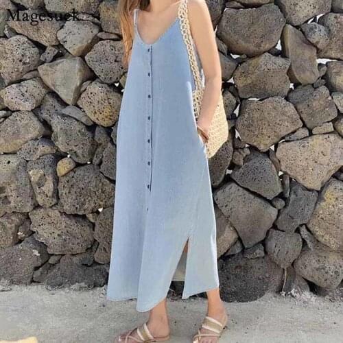 Korean Button Loose Sling Denim Dress Female Solid Plus Size Backless Summer Dresses Sexy Split Cotton Woman Dress Vestido 14077