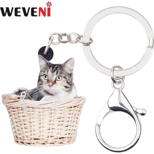 WEVENI Acrylic Basket Kitten Cat Key Chains Keychains Rings Cartoon Animal Jewelry For Women Girls Bag Car Pendant Charms Bijoux
