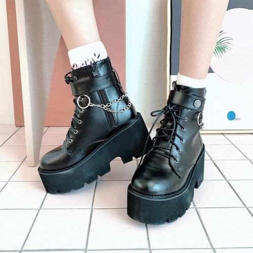 Goth Boots Women Punk Style Patform Lady Shoes Autumn Chunky Block Heel Female Footwear High Quatity Chain Lotita Shoes Zipper