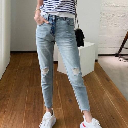 Womens Jeans Worn Irregular Light Blue Trousers Female 2020
