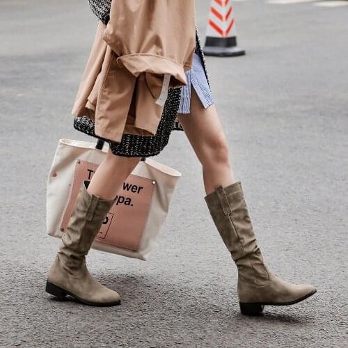 Women Autumn Thick heel Long Flock Motorcycle Boot Shoes Lady Party Design Wedge Boots Shoes Bota Feminina Zapatos De Mujer32-43