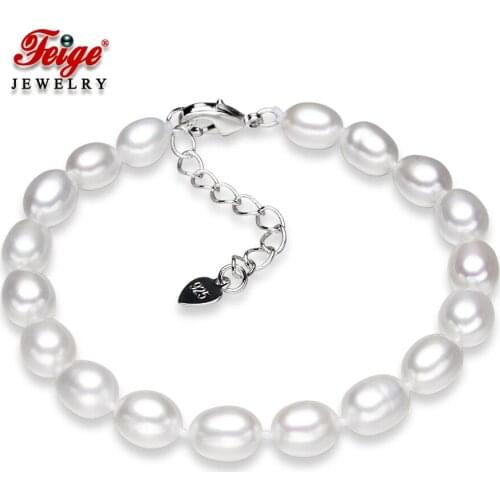 FEIGE Natural Pearl Bracelet 7-8mm Rice shape Freshwater Pearl Bracelet for Women Jewelry Brand Wedding Dress Jewelry Silver