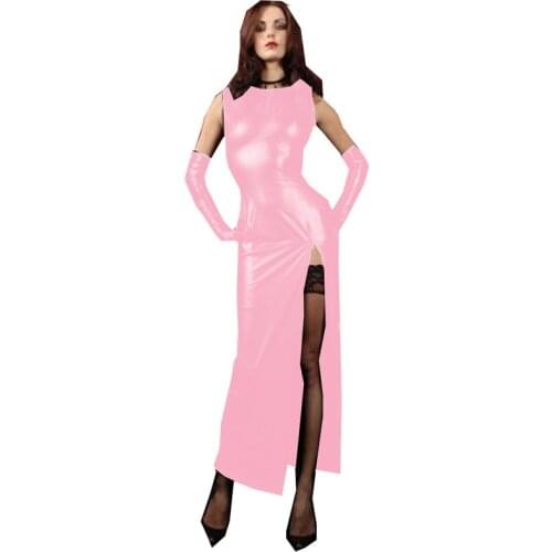 Women High split Maxi Dress Gothic Women Faux Leather O-neck Floor Length Bydocon Long Dresses with Gloves Slim Waist Vestido