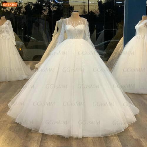 Sparkly Beading Wedding Dresses 2021 O Neck hochzeitskleid Long Sleeves Ball Gown Bride Dress Women Sexy White vestidos de novia