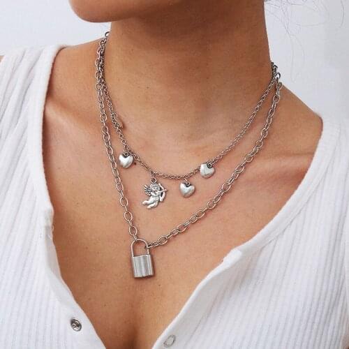 Vintage Creative Cupid Heart Lock Pendant Necklace Women Double Layer Thick Chains Geometric Clavicle Necklace Jewelry Kolye