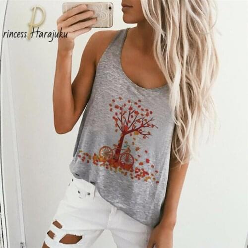 Vest Women Tank Tops Camisole Vogue Autumn Leaves Print Tee O-neck Streetwear Casual Sleeveless Large Size Gray Summer Clothes