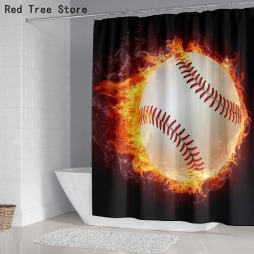 Fire Ball Outdoor Sports 3D Bathroom Shower Curtain Dry Quickly Waterproof Polyester Cloth Textile Bathing Screen Cover and Hook