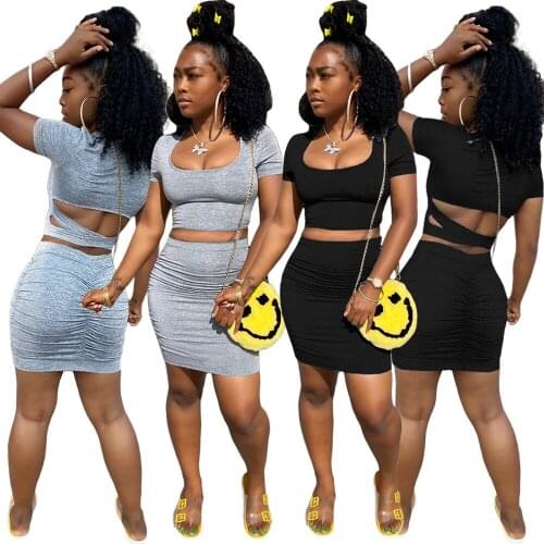 9GL6268 Summer Women Sexy Two Piece Set Top Solid Ruched Hollow Skirt