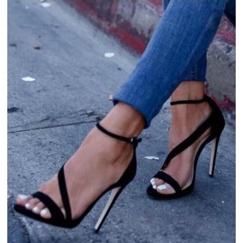 Black suede ankle buckle high heel sandals open toe side strap stiletto heels size 34 to 42 discount price