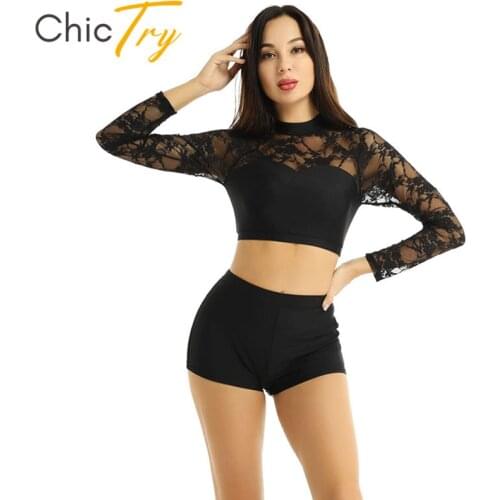 ChicTry Adult Two-piece Dancewear Round Neck Lace Long Sleeve Crop Tops Shorts Set Women Gymnastics Ballet Jazz Dance Costume
