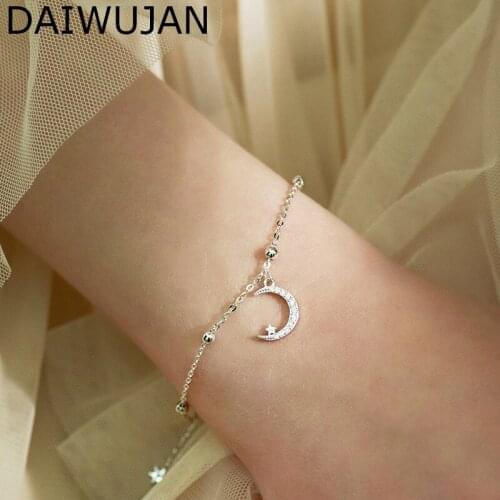 DAIWUJAN 925 Sterling Silver Sweet Dainty Moon Star Charm Bracelets Micro Cubic Zircon Beads Chain Bracelet For Women Gifts