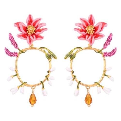 European and American Personality Sweet Hand-painted Enamel Glaze Flowers 925 Silver Needle Stud Earrings Spiral Ear Clip