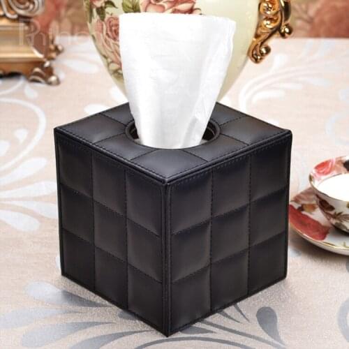 Fashion wooden struction leather square roll tissue box napkin toilet paper canister holder dispenser case black PZJH014