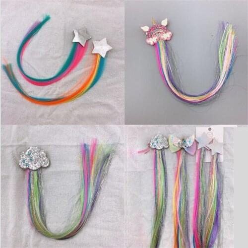 Rainbow Colorful Girl Braided Hair Extension Clip Laser Star Sparkly Cloud Hair Pieces Barrettes Birthday Party Hair Accessories