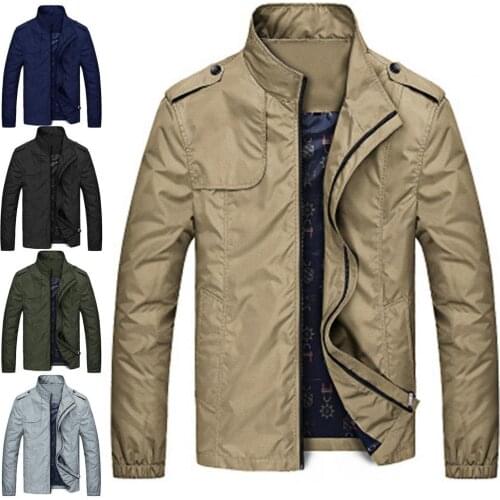 Men Coat Cargo Jacket Windbreaker Coat Tourism Outdoor Hiking Jacket Stand Collar Top Two Pockets Zipper Closure Casual Jacket