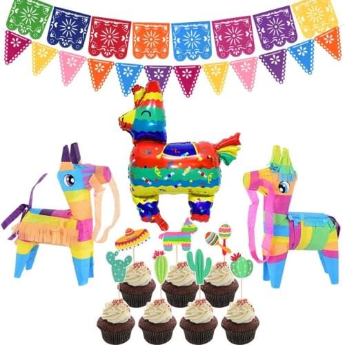 Mexican Party Alpaca Foil Balloons Pinata Banner Cactus Cake Topper Bachelorette Pinata Hen Party Decor Summer Birthday Supplies