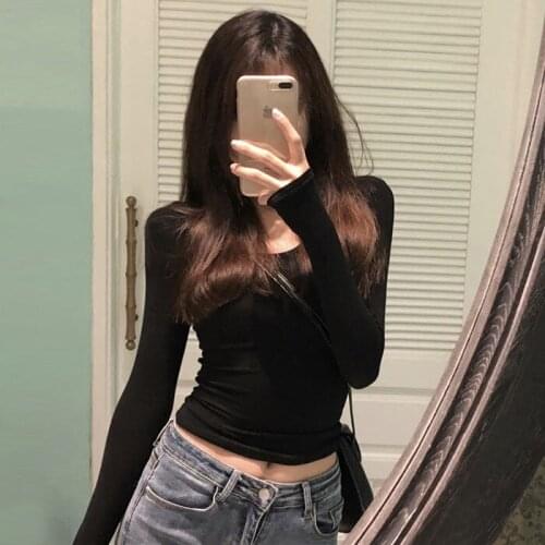 Fashion O Neck Long Sleeve Cotton T-shirts Women Sexy Cropped Tops 2021 Spring Autumn Black Casual Skinny Basic Ladies T Shirts