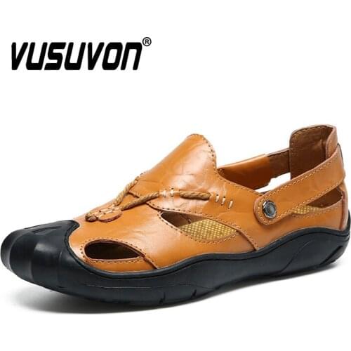 Natural Cow Leather Men Walking Sneakers Beach Summer Loafers Breathable Casual Shoes Big Size 46 47 Slipper Flats Black Sandals