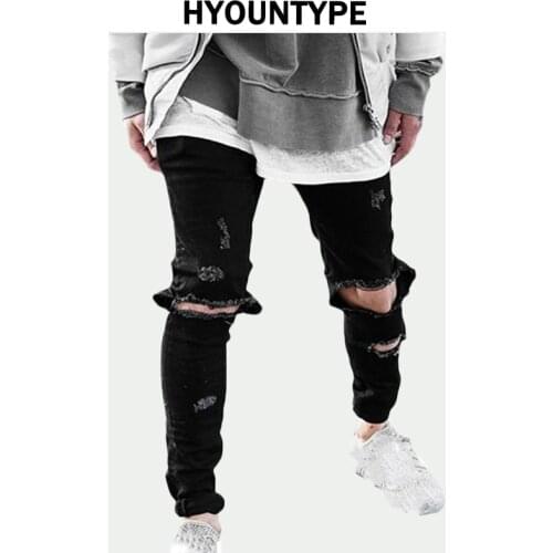 Knee Ripped Hole Biker Jeans Men Denim Destroyed Slim Fit Zippers Jeans Fashion Trousers Black Streetwear Hip Hop Pants Jogger