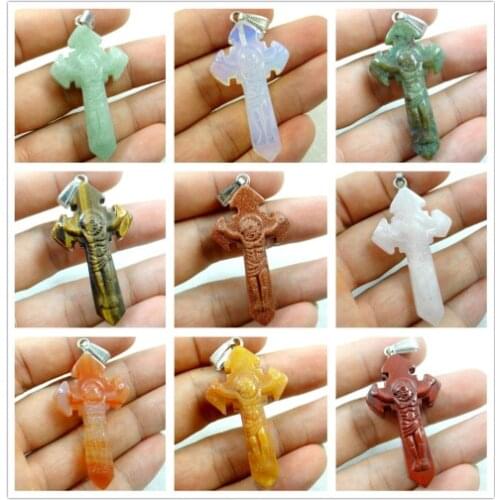 Natural Quartz crystal Turquoises tiger eye cross pendant for diy Jewelry making necklace Accessories
