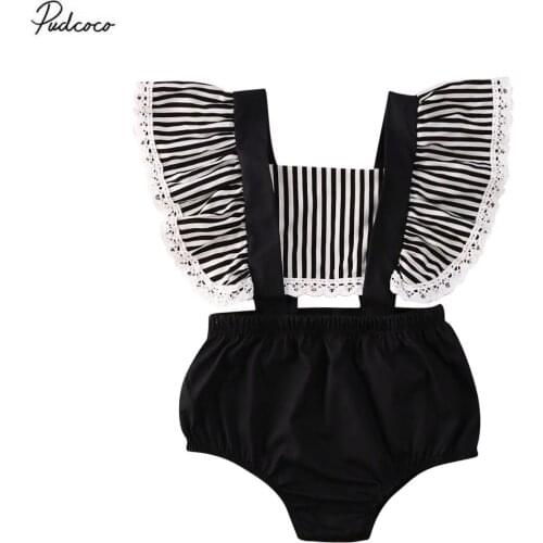 2020 Fashion New Newborn Baby Girls Cotton Rompers 0-18M Fly Sleeve Striped Lace Hollow Jumpsuit Summer Outfit Playsuit Jumpsuit