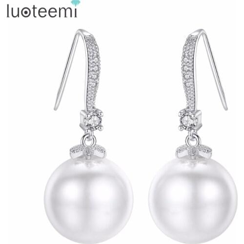 LUOTEEMI Refinement Treasure Superior Hook Imitation Pearl Drop Earrings Opal Round Copper Cubic Zirconia For Women Anniversary