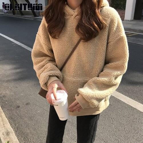 OLGITUM 2020 New Winter and Autumnn Lanterns Sleeves Loose Hooded Thicken Lamb Hair Women Sweatshirt SS287