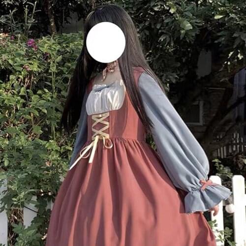 Lolita Dresses Japanese Anime Cosplay Costumes Medieval Bandage Sleeve Splicing High Waist Lacing Slim Princess Bubble Dress