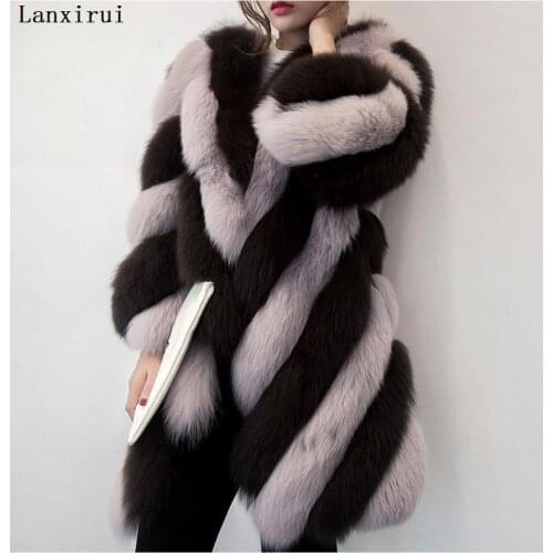 Lanxirui long winter faux fur coat with hood long sleeve zipper black furry fake rabbit fur outwear plus size shealing jacket
