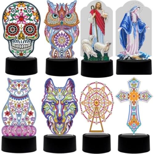 Delicate LED Diamond Painting Night Light Jesus Mary The Eiffel Tower Rhinestones Drills Painting Pendant DIY Home Decor Lamp