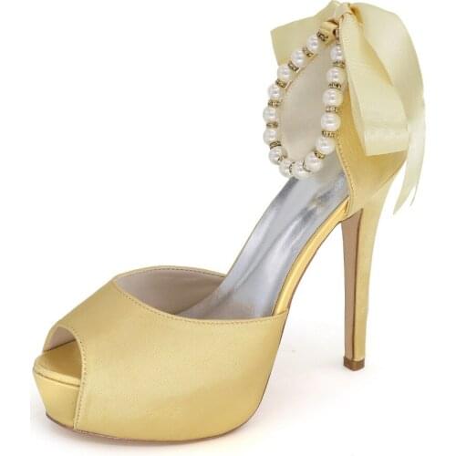 Ladies High-heeled Shoes Peep Toe Pearls Beading Ankle Strap Pumps Platform Ribbon Bridal Wedding Party Prom Dress Shoes ribbon