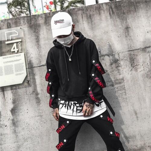 Man Hoodies Fashion Trend 2021 Sweatshirt Streetwear Hip Hop Black Stylish Casual Ribbon Male Oversized Sweatshirt Skateboard