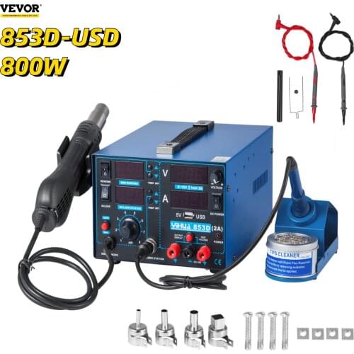 VEVOR 853D Rework Soldering Station 3 in 1 Hot Air Gun Desoldering Table 800W DC Power Supply BGA Welding Stage with Accessories