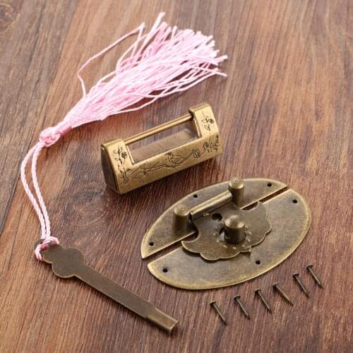 Retro Style Chinese Trunk Padlock Lock 43*11*19mm Key Box Toggle Latch Hasp 63*42mm Bronze Tone Hardware for Wood Jewelry Box