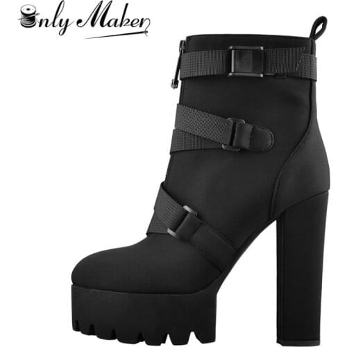 Onlymaker Platform Round Toe Zipper Strap 12~13cm Chunky Thick Heels Lycra Ankle Boots Plus Size US5~US15 For Autumn Winter