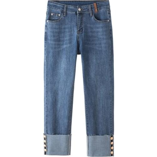 Big Size Women Jeans Stretch Skinny mom Jeans Pants with Beads Cuffs Ankle Length Denim Trousers