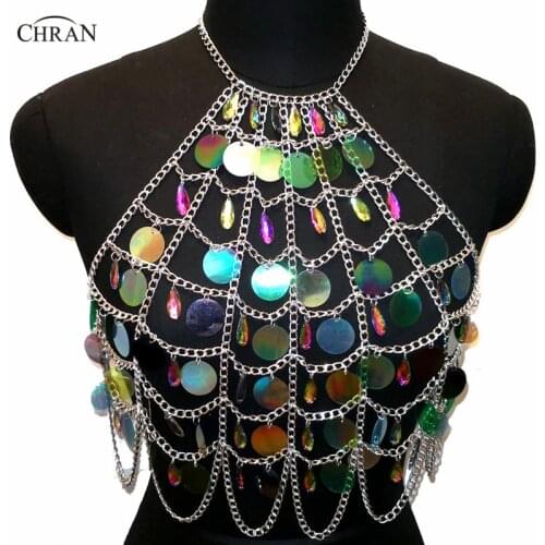 Chran Acrylic Beaded Seascale Sequins Crop Top Belly Waist Belt Chain Necklace Rave Bra Bralete Festival Wear Jewelry CRS414