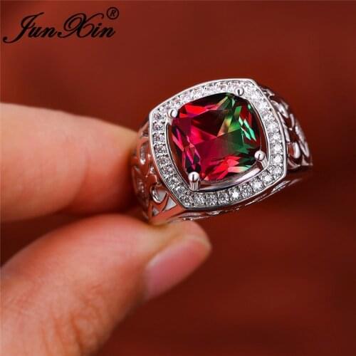 Mystic Crystal Geometric Square Rings For Women Luxury White Gold Colorful Rainbow Zrcon Lover Promise Engagement Wedding Bands