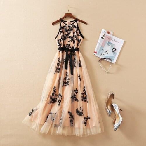 2021 Spring Summer Free Shipping Crew New Sleeveless Mesh Embroidery Empire Mid Calf Print Dress