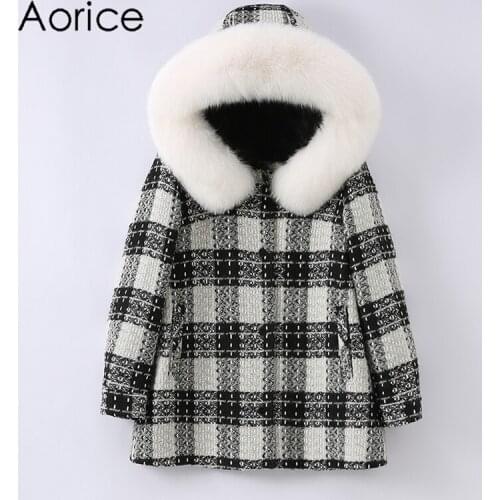 Aorice Women Winter Wool Blends Coat Jacket 2021 New Femail Girl Hood Real Fox Fur Coats Parka Trench Z21086