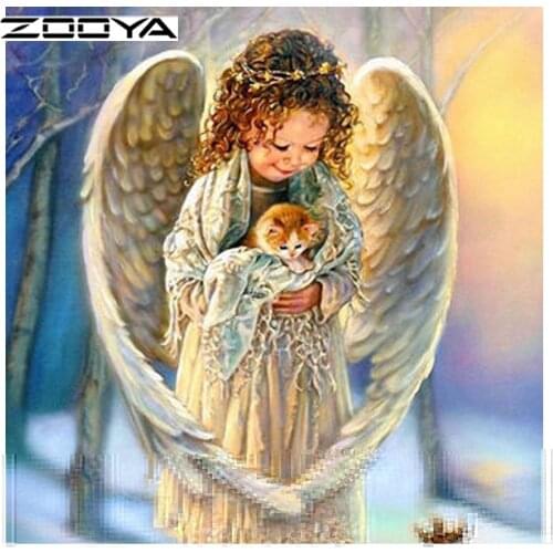 ZOOYA Diamond Painting Angel Girl Cat Diamond Mosaic Diamond Embroidery Painting Rhinestones Needlework DIY Europe Crafts RF1438